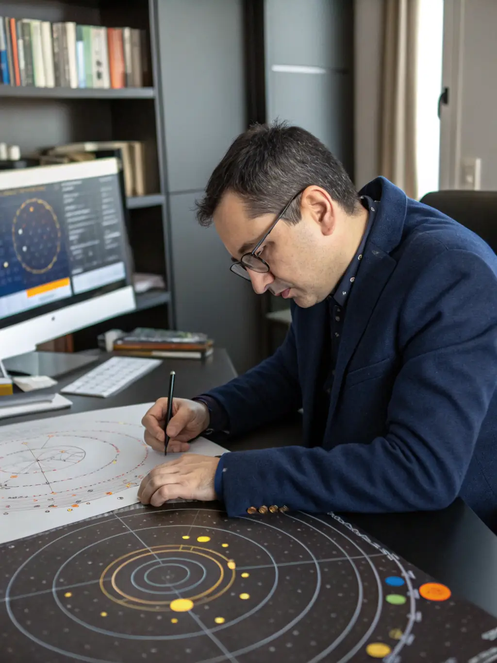 An image of a person consulting an astrologer with charts and financial symbols, used to represent Career and Financial Guidance services.
