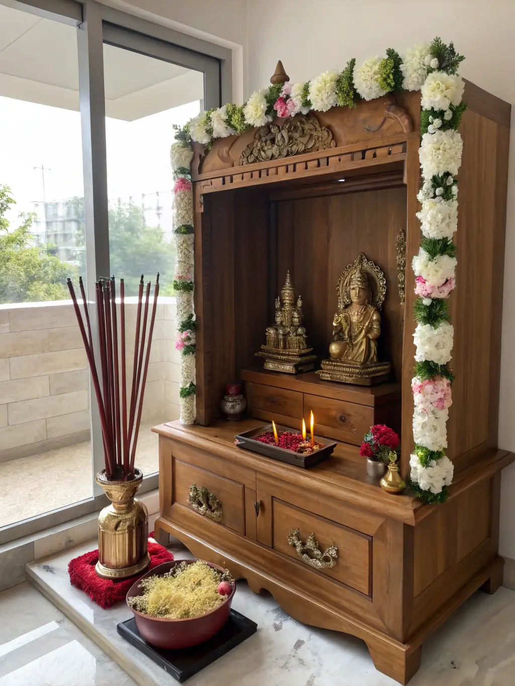 A priest performing a pooja with sacred items and divine symbols, used to represent Remedies and Poojas services.
