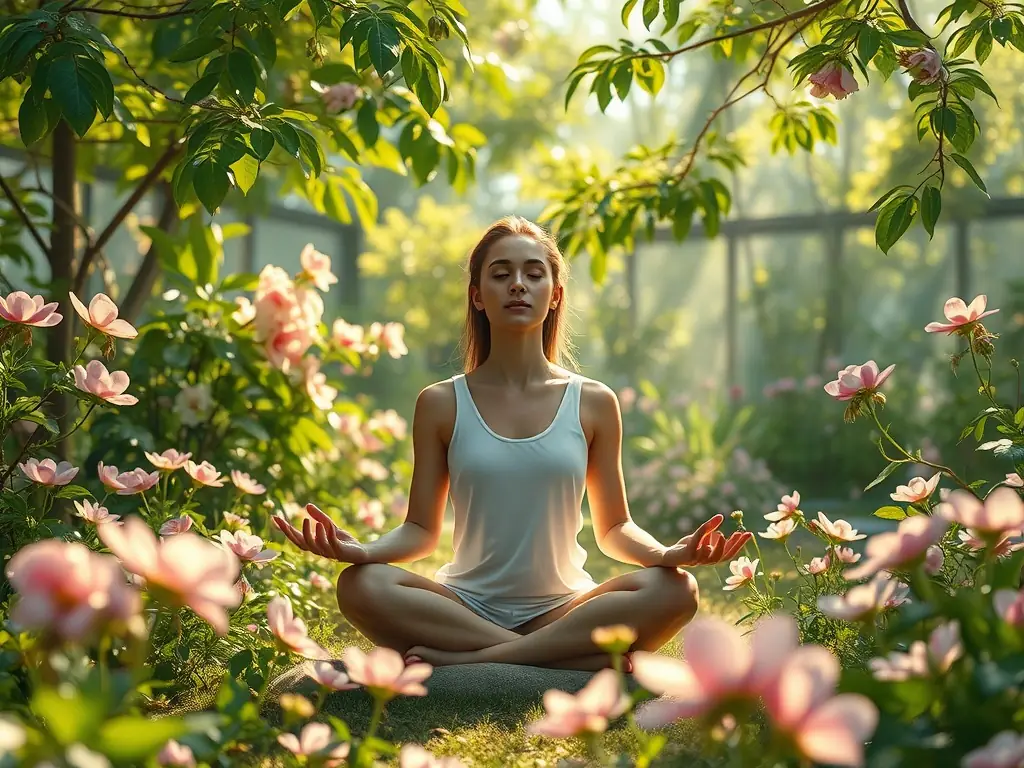An image depicting a person meditating in a peaceful environment, with symbols of wealth and career success subtly incorporated into the background, such as a rising graph and a money plant.