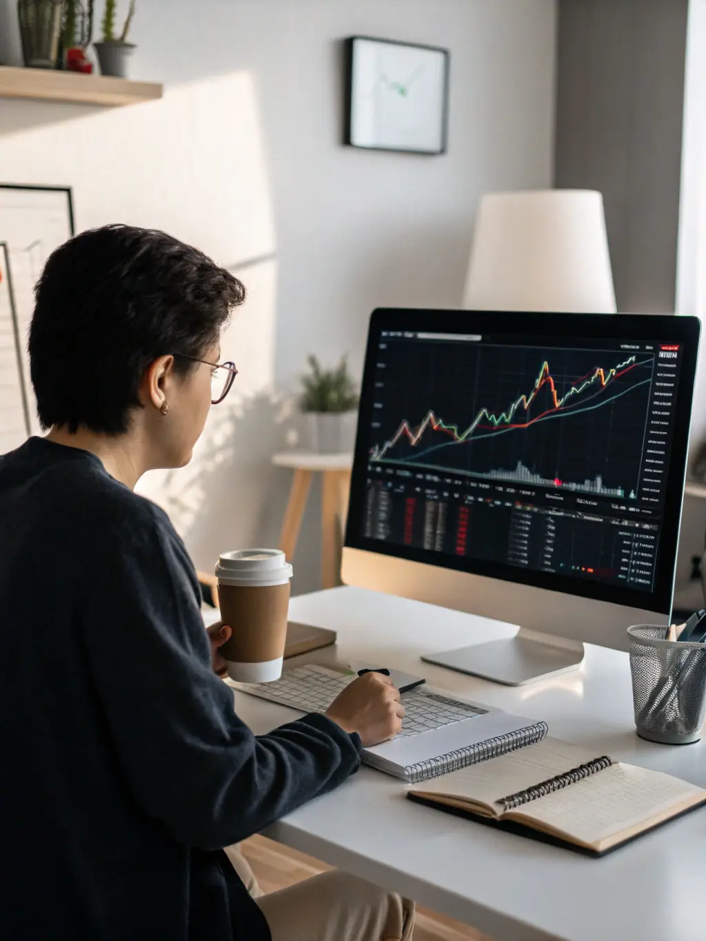 A person sitting at a desk, thoughtfully analyzing financial charts and career options, representing career and financial guidance.